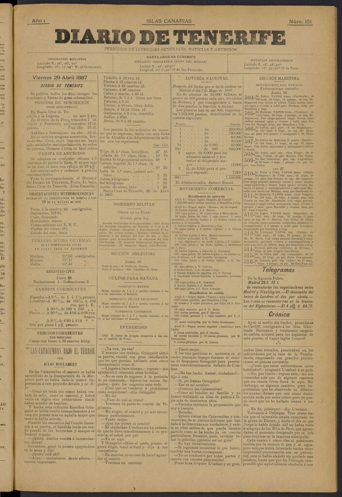 Miniatura de Diario de Tenerife del 29 de abril de 1887, nº 151