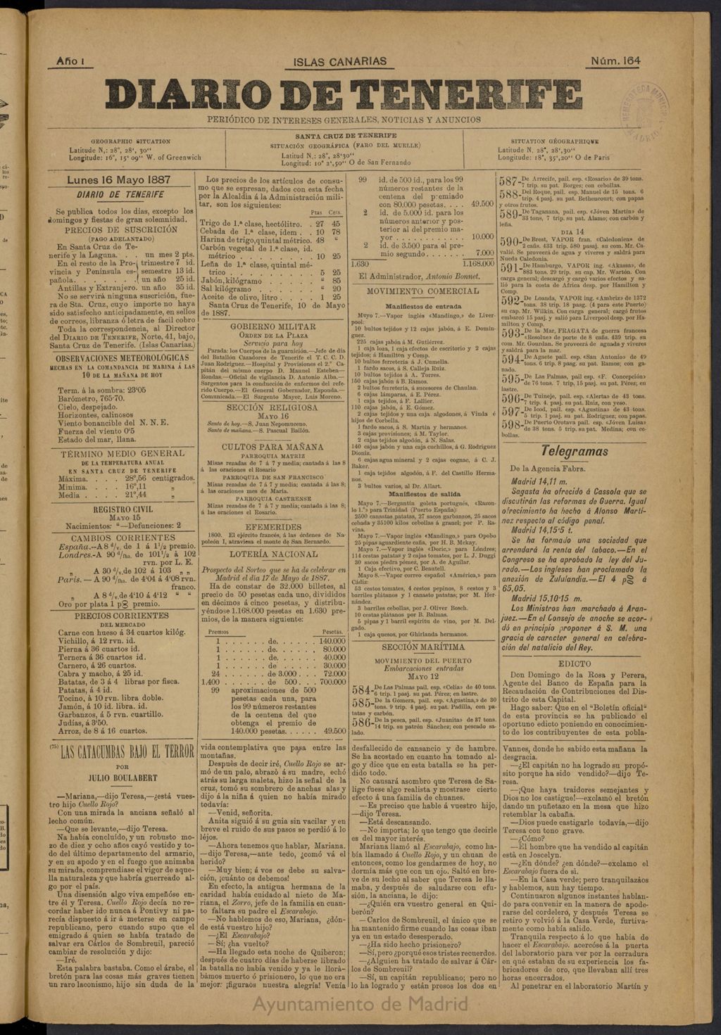 Miniatura de Diario de Tenerife del 16 de mayo de 1887, nº 164
