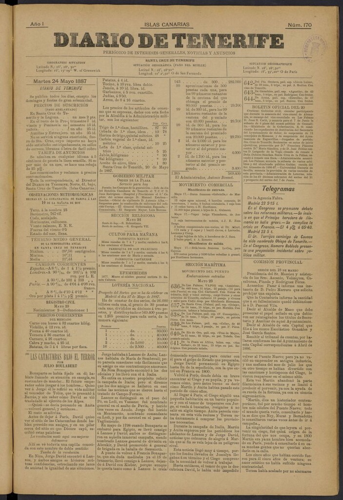 Miniatura de Diario de Tenerife del 24 de mayo de 1887, nº 170