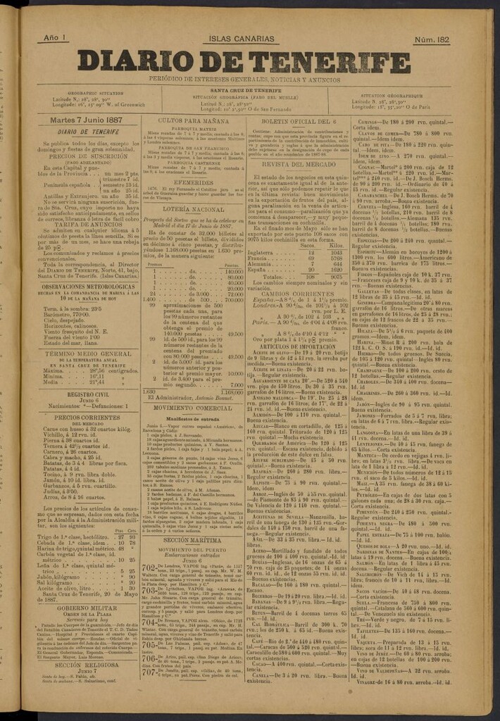Miniatura de Diario de Tenerife del 7 de junio de 1887, nº 182
