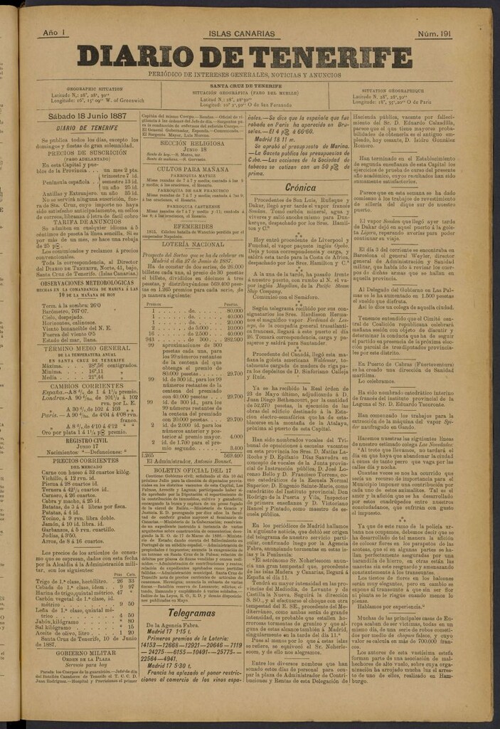 Miniatura de Diario de Tenerife del 18 de junio de 1887, nº 191