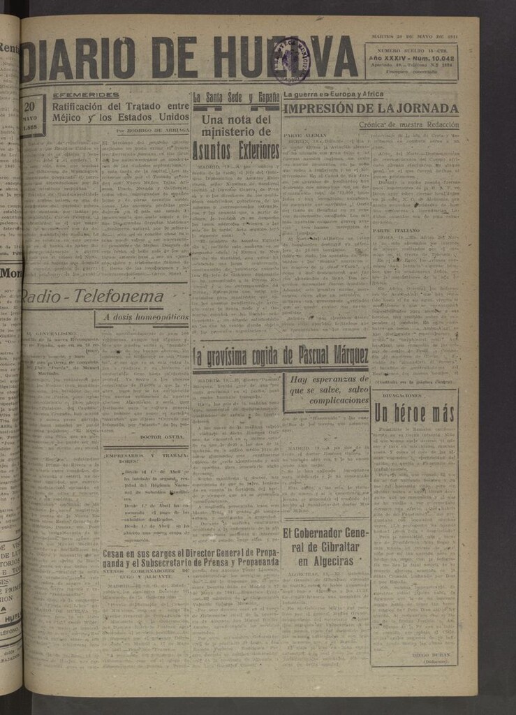 Miniatura de Diario de Huelva : periódico independiente del 20 de mayo de 1941