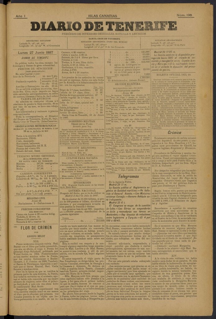 Miniatura de Diario de Tenerife del 27 de junio de 1887, nº 198
