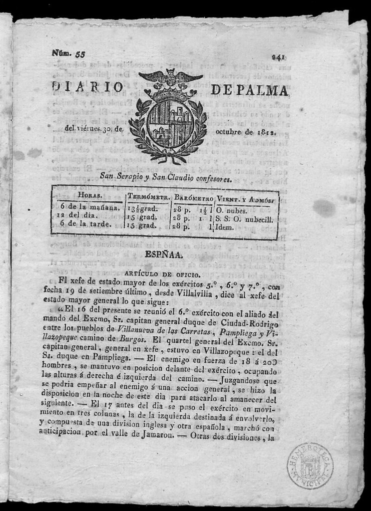 Miniatura de Diario de Palma del viernes 30 de octubre de 1812