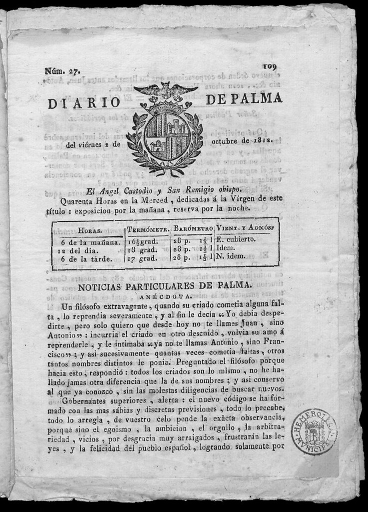 Miniatura de Diario de Palma del viernes 2 de octubre de 1812
