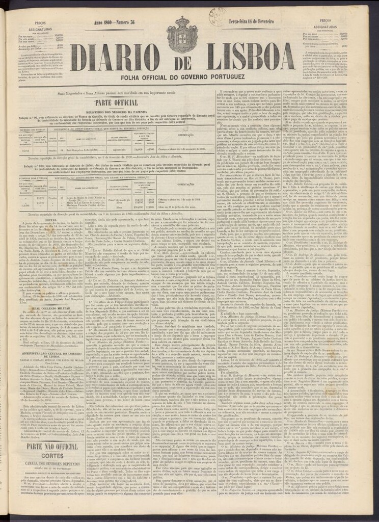 Miniatura de Diário de Lisboa : folha official do goberno portugues del 14 de febrero de 1860, nº 36