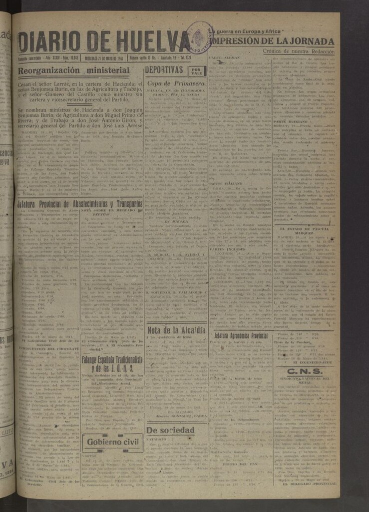Miniatura de Diario de Huelva : periódico independiente del 21 de mayo de 1941