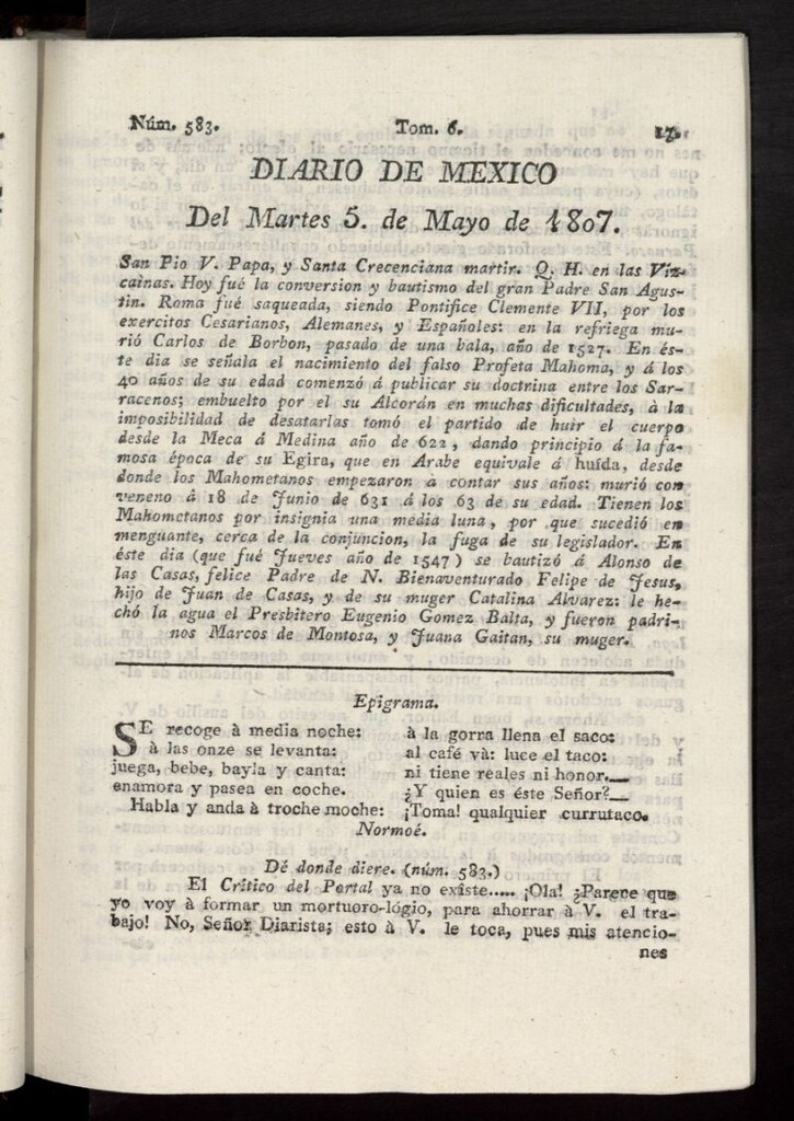 Miniatura de Diario de México del 5 de mayo de 1807, nº 583