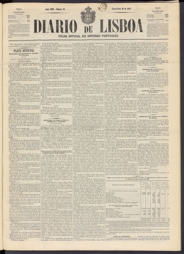 Miniatura de Diário de Lisboa : folha official do goberno portugues del 10 de abril de 1860, nº 81