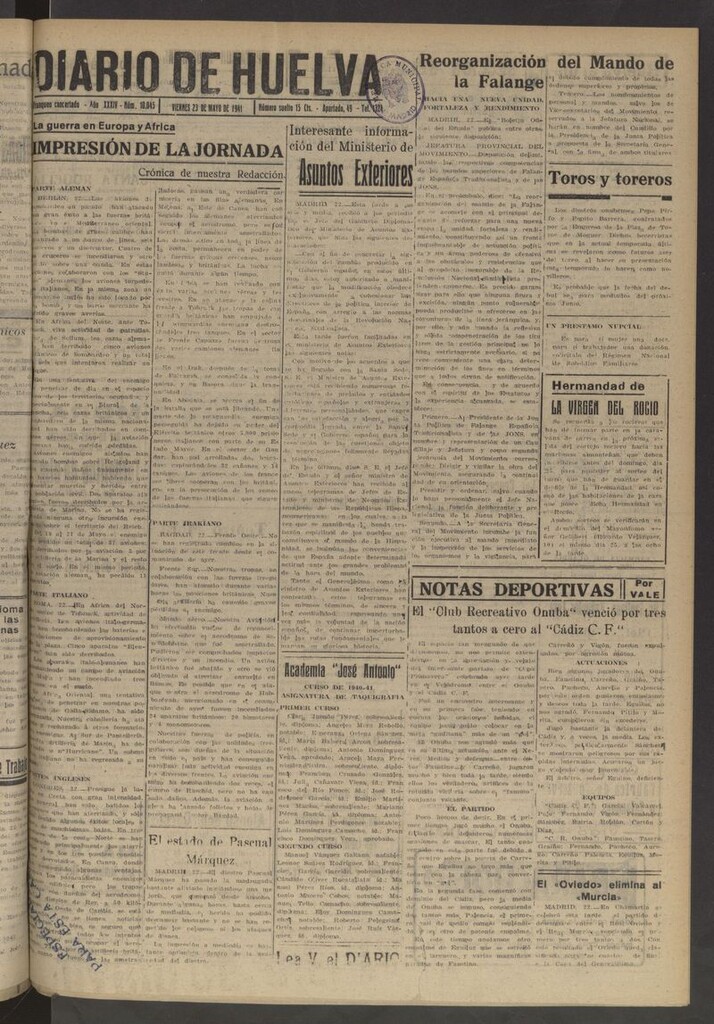Miniatura de Diario de Huelva : periódico independiente del 23 de mayo de 1941