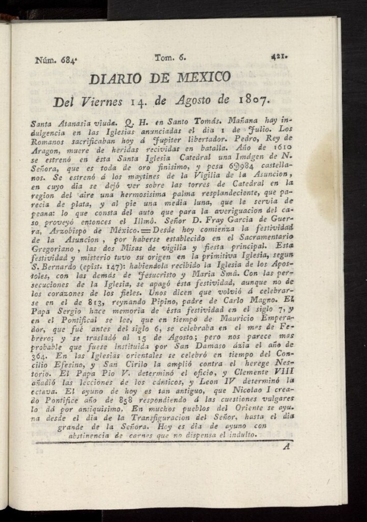 Miniatura de Diario de México del 14 de agosto de 1807, nº 684