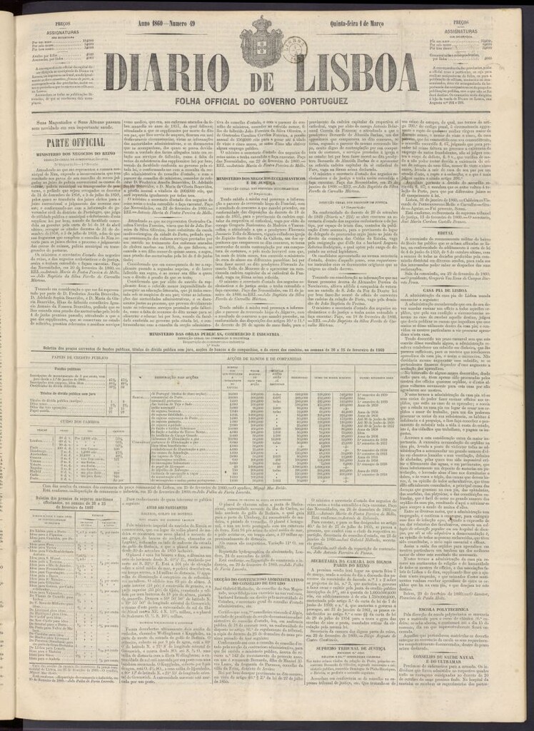 Miniatura de Diário de Lisboa : folha official do goberno portugues del 1 de marzo de 1860, nº 49
