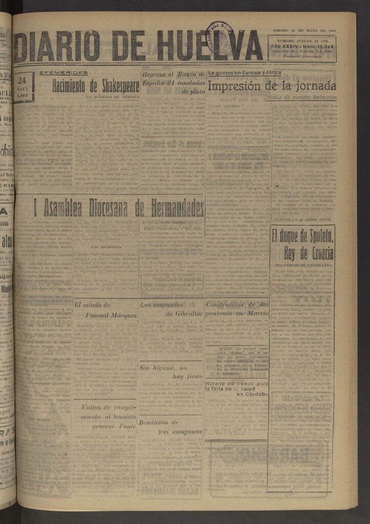 Miniatura de Diario de Huelva : periódico independiente del 24 de mayo de 1941