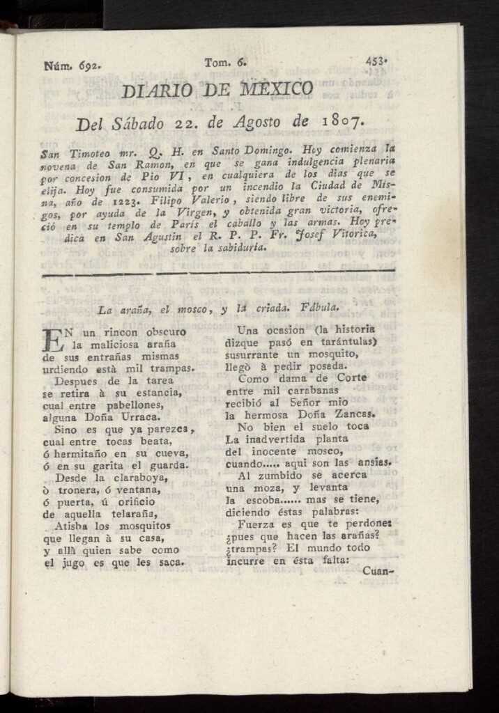 Miniatura de Diario de México del 22 de agosto de 1807, nº 692