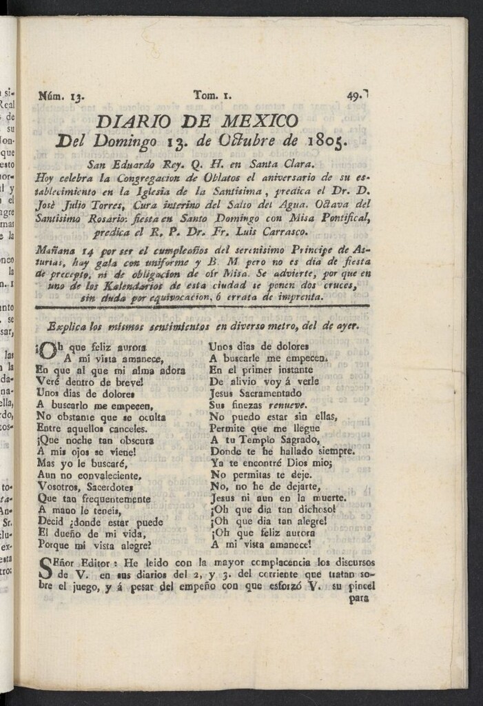Miniatura de Diario de México del 13 de octubre de 1805, nº 13