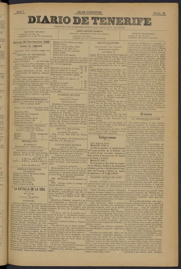 Miniatura de Diario de Tenerife del 20 de noviembre de 1886, nº 18