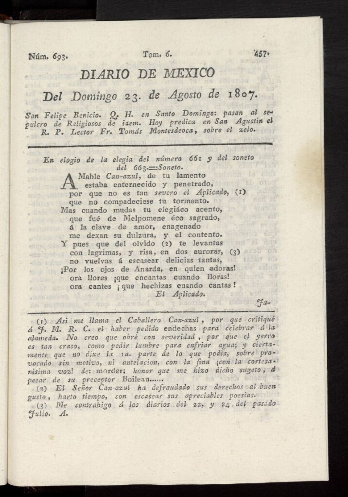 Miniatura de Diario de México del 23 de agosto de 1807, nº 693