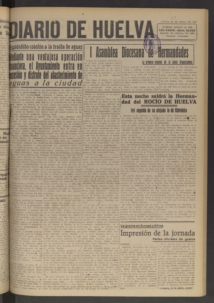 Miniatura de Diario de Huelva : periódico independiente del 29 de mayo de 1941