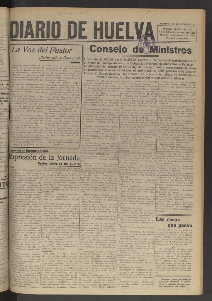 Miniatura de Diario de Huelva : periódico independiente del 1 de junio de 1941