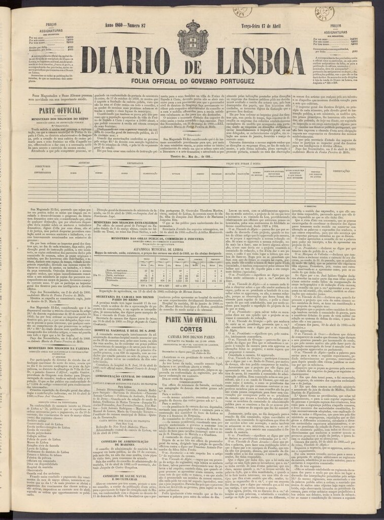 Miniatura de Diário de Lisboa : folha official do goberno portugues del 17 de abril de 1860, nº 87