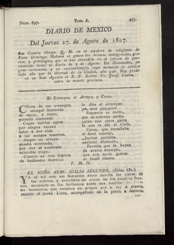 Miniatura de Diario de México del 27 de agosto de 1807, nº 697