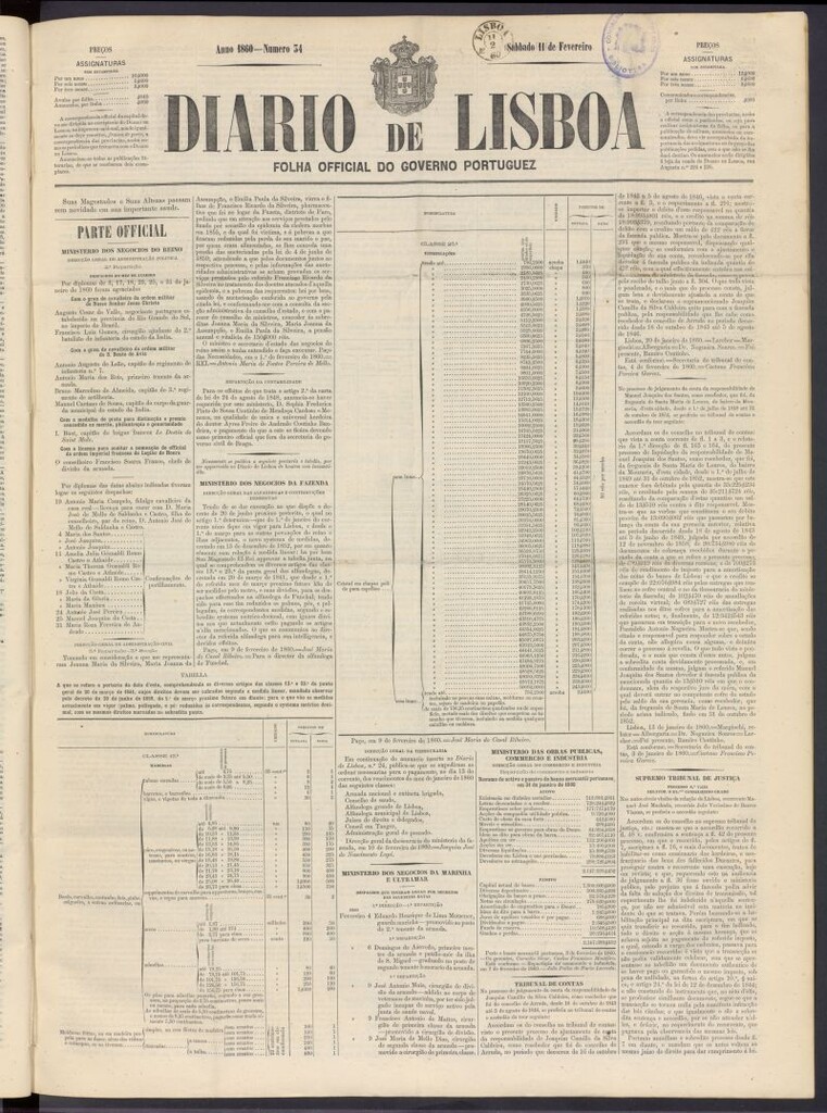 Miniatura de Diário de Lisboa : folha official do goberno portugues del 11 de febrero de 1860, nº 34
