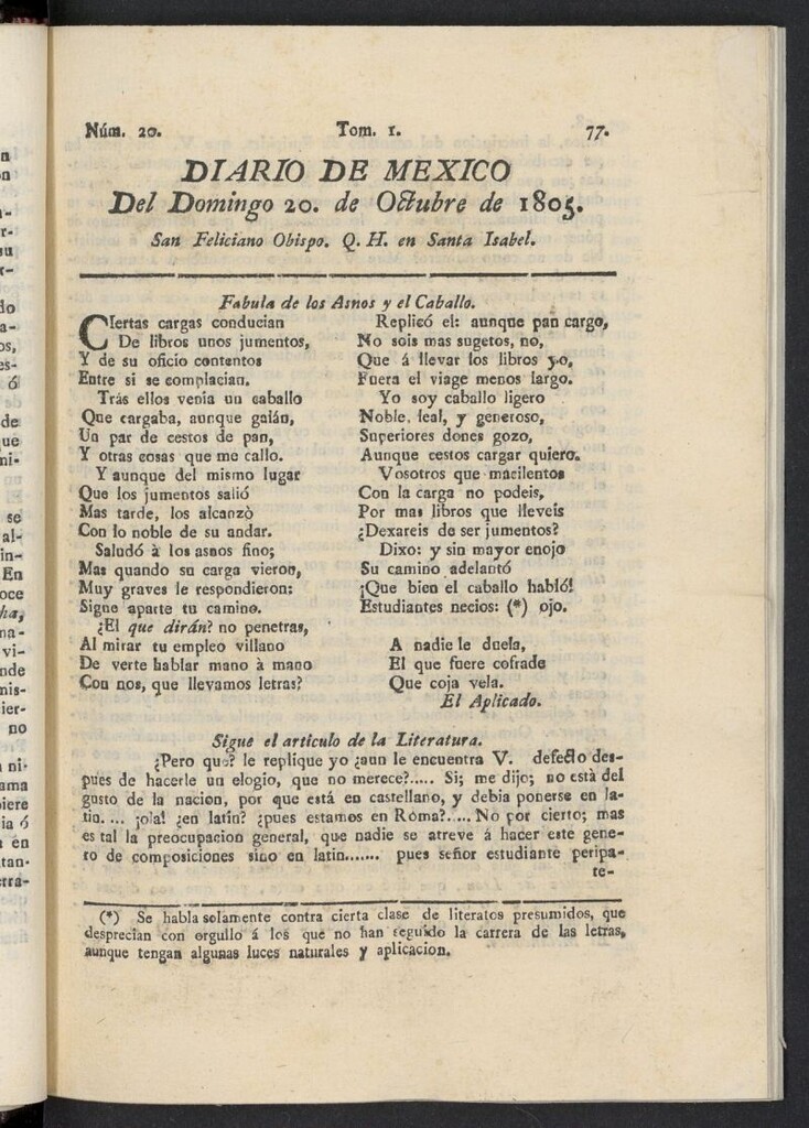 Miniatura de Diario de México del 20 de octubre de 1805, nº 20