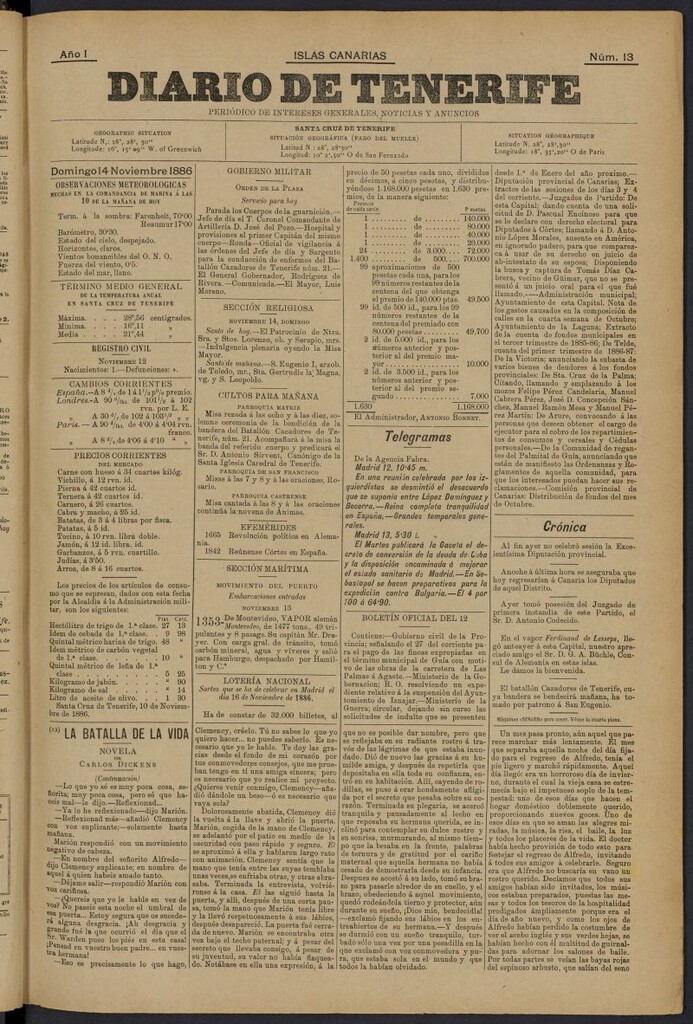Miniatura de Diario de Tenerife del 14 de noviembre de 1886, nº 13