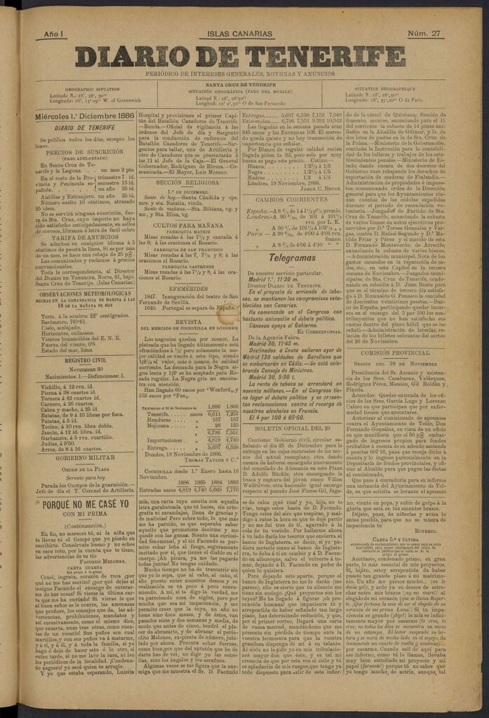 Miniatura de Diario de Tenerife del 1 de diciembre de 1886, nº 27