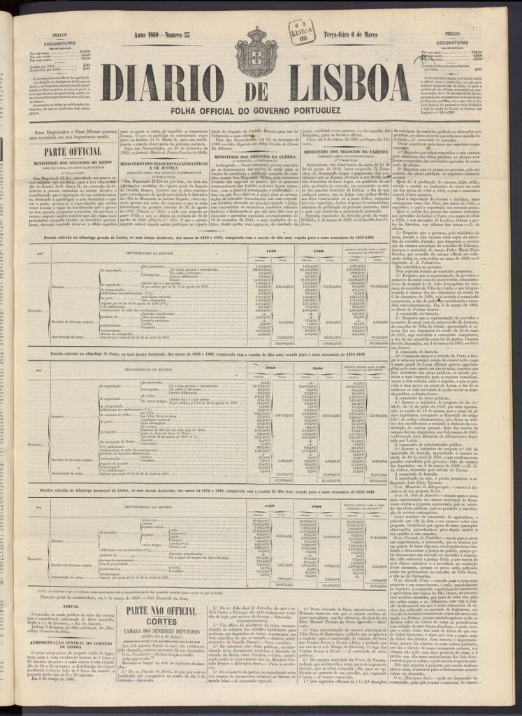 Miniatura de Diário de Lisboa : folha official do goberno portugues del 6 de marzo de 1860, nº 53