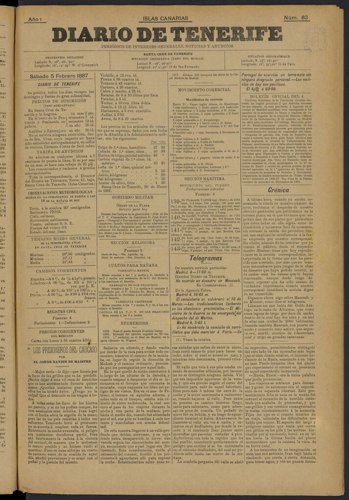 Miniatura de Diario de Tenerife del 5 de febrero de 1887, nº 83
