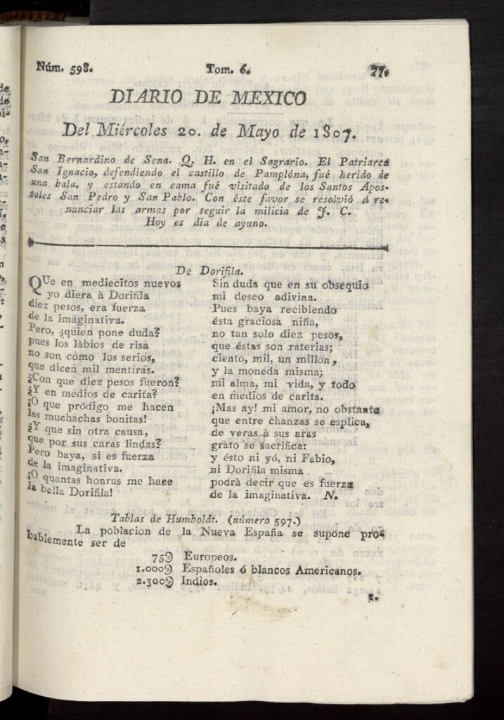 Miniatura de Diario de México del 20 de mayo de 1807, nº 598
