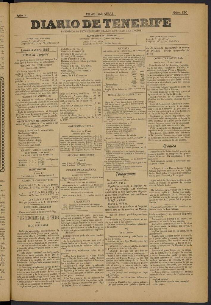 Miniatura de Diario de Tenerife del 4 de abril de 1887, nº 130