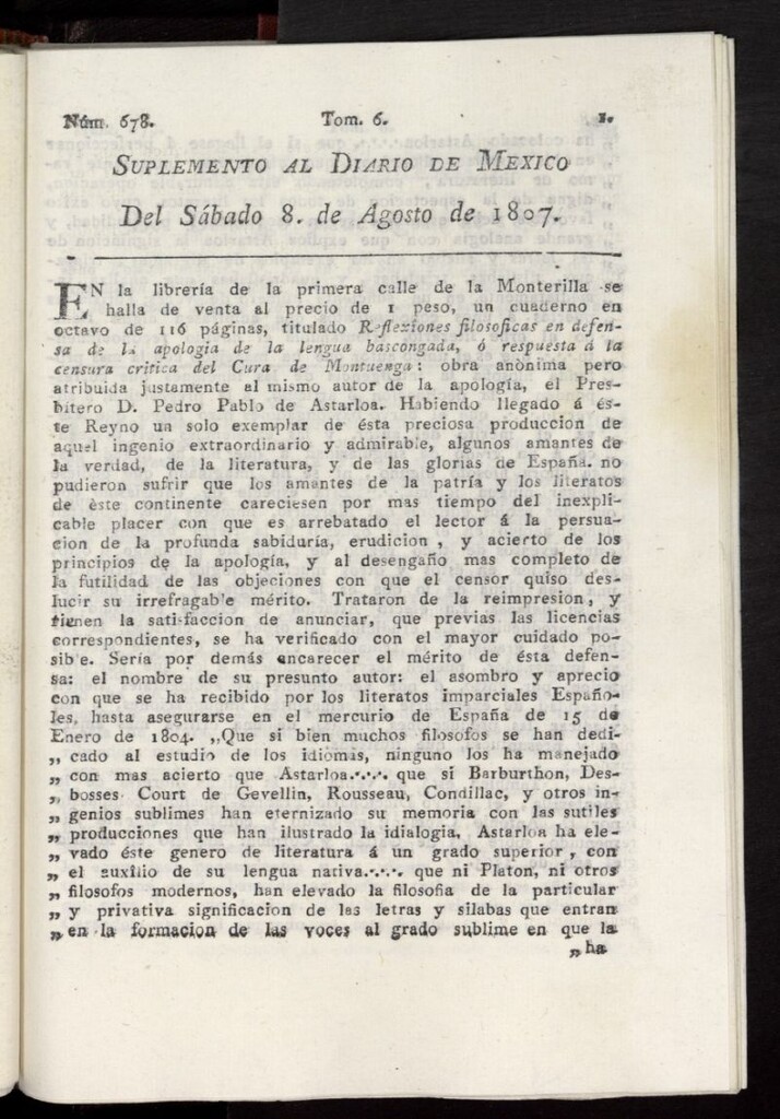 Miniatura de Diario de México del 8 de agosto de 1807, nº 687 suplemento
