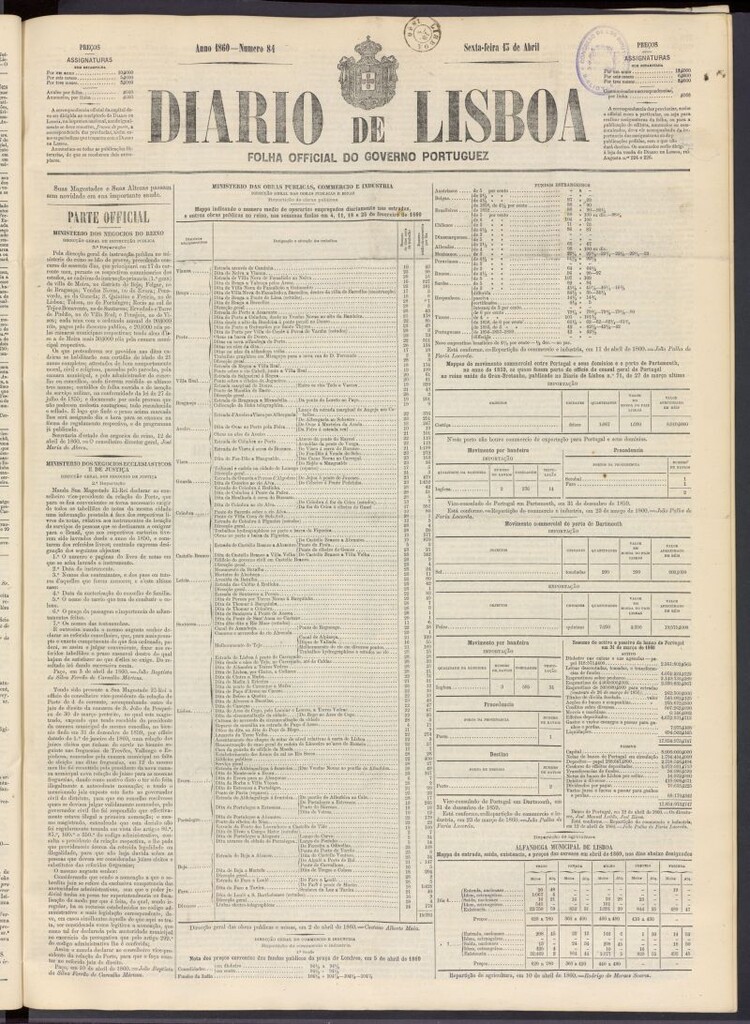 Miniatura de Diário de Lisboa : folha official do goberno portugues del 13 de abril de 1860, nº 84