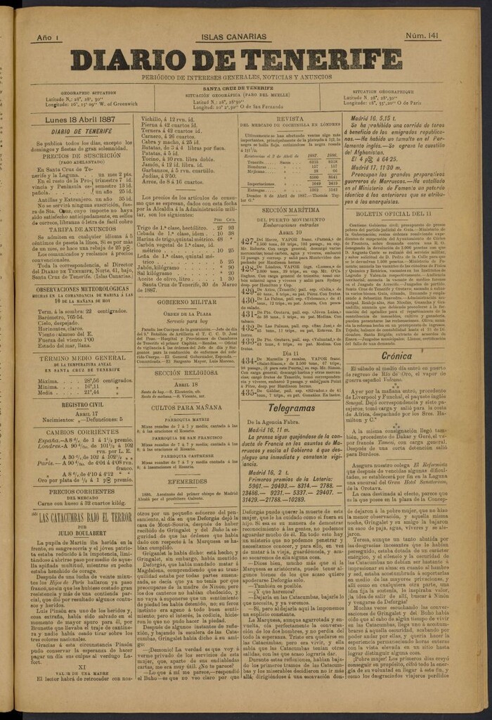 Miniatura de Diario de Tenerife del 18 de abril de 1887, nº 141