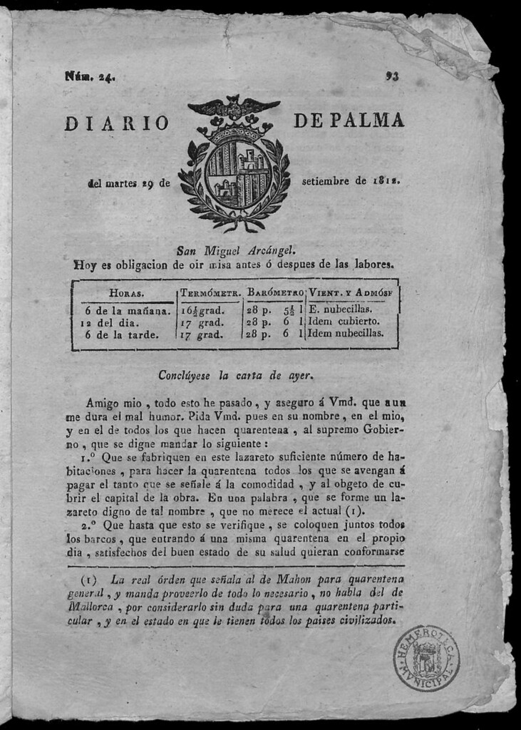 Miniatura de Diario de Palma del martes 29 de septiembre de 1812