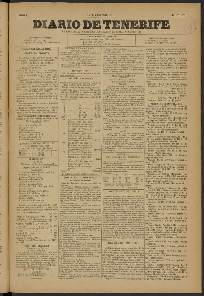 Miniatura de Diario de Tenerife del 23 de mayo de 1887, nº 169