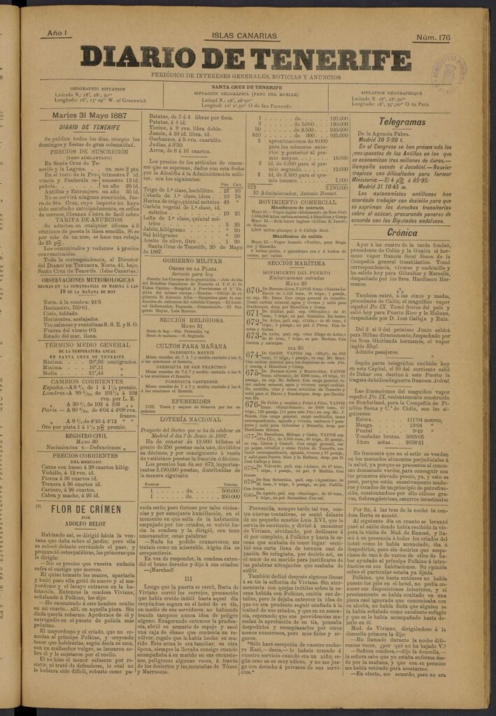 Miniatura de Diario de Tenerife del 31 de mayo de 1887, nº 176