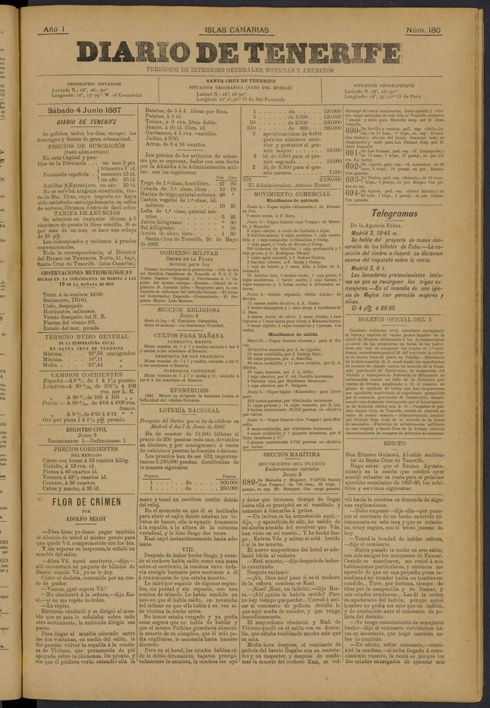 Miniatura de Diario de Tenerife del 4 de junio de 1887, nº 180