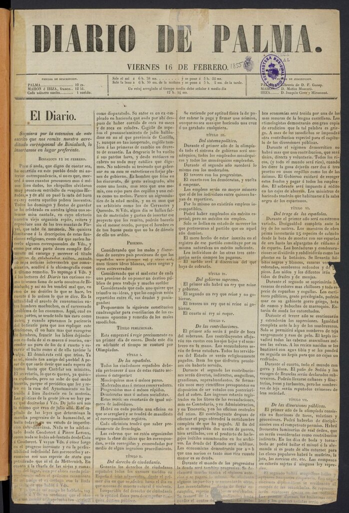 Miniatura de Diario de Palma del 16 de febrero de 1855