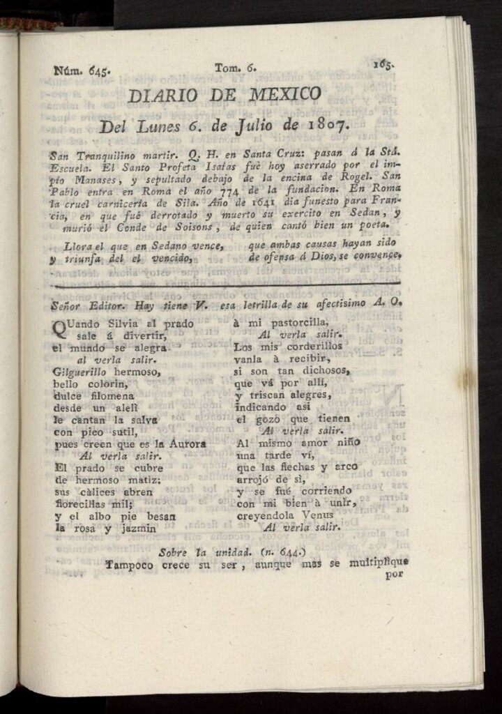 Miniatura de Diario de México del 6 de julio de 1807, nº 645