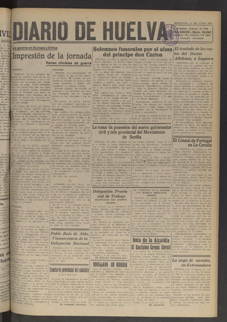 Miniatura de Diario de Huelva : periódico independiente del 11 de junio de 1941