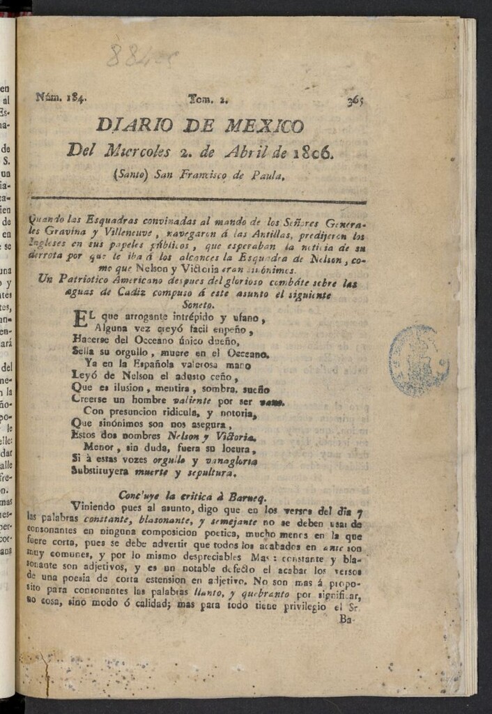 Miniatura de Diario de México del 2 de abril de 1806, nº 184