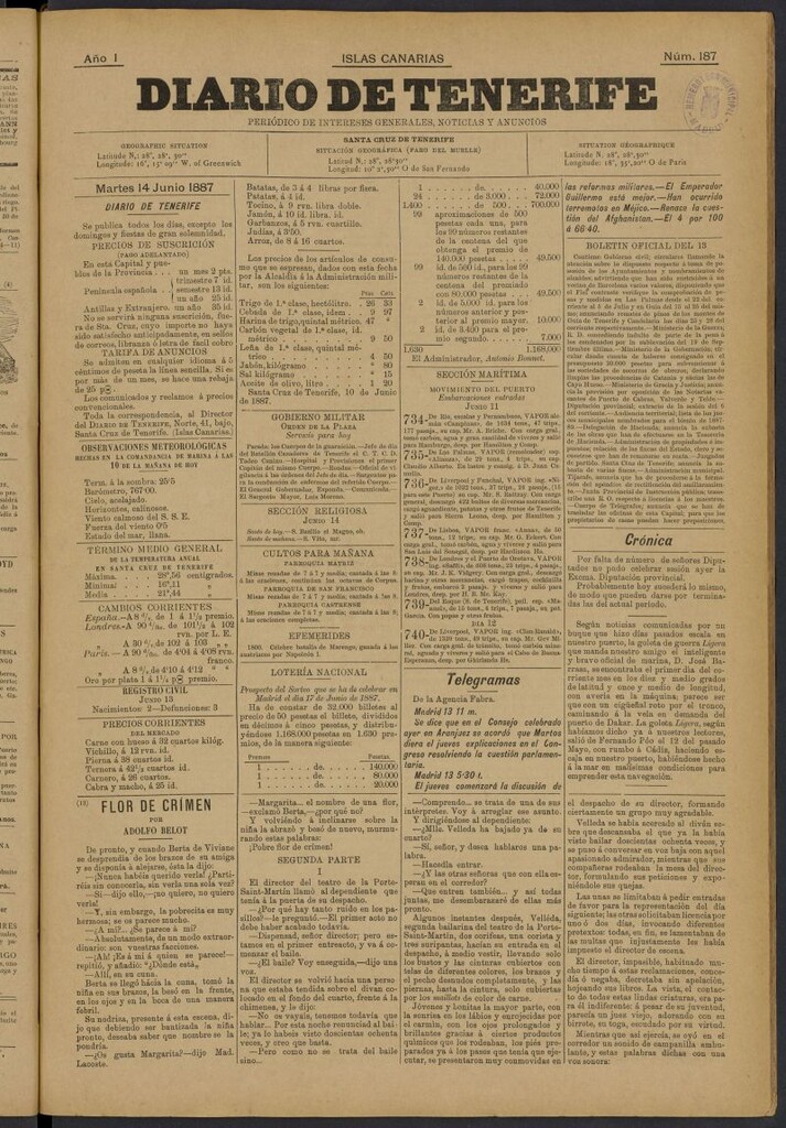 Miniatura de Diario de Tenerife del 14 de junio de 1887, nº 187