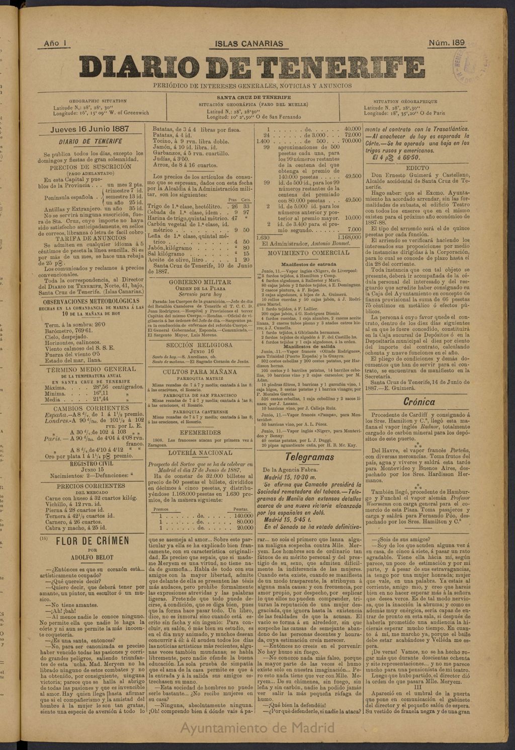 Miniatura de Diario de Tenerife del 16 de junio de 1887, nº 189