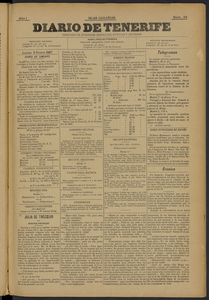 Miniatura de Diario de Tenerife del 3 de enero de 1887, nº 54