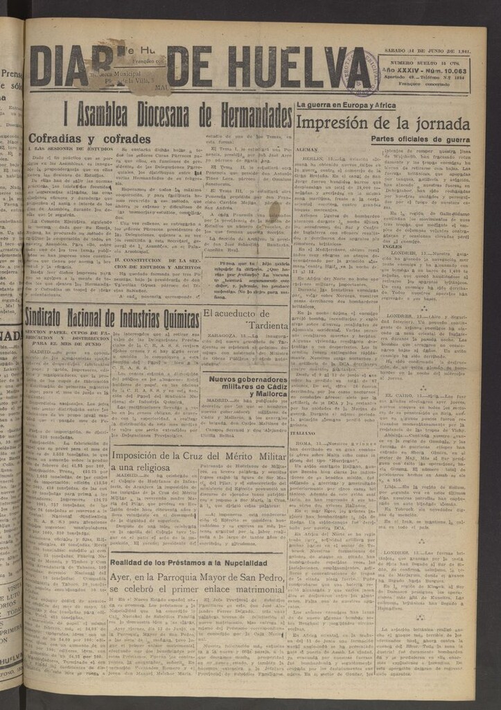 Miniatura de Diario de Huelva : periódico independiente del 14 de junio de 1941