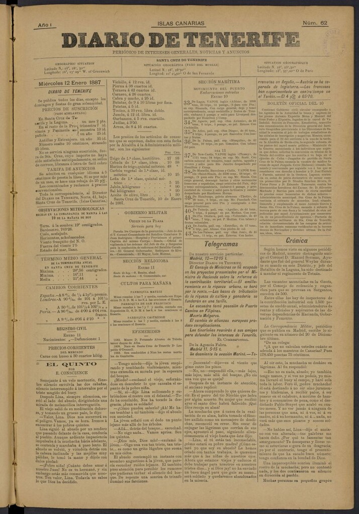 Miniatura de Diario de Tenerife del 12 de enero de 1887, nº 62