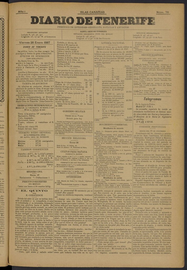 Miniatura de Diario de Tenerife del 28 de enero de 1887, nº 76